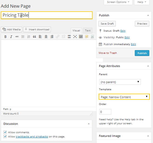 Create Pricing Table page