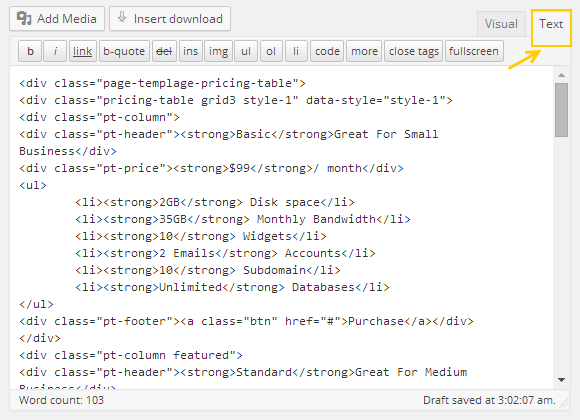 Using code HTML for Pricing Table page