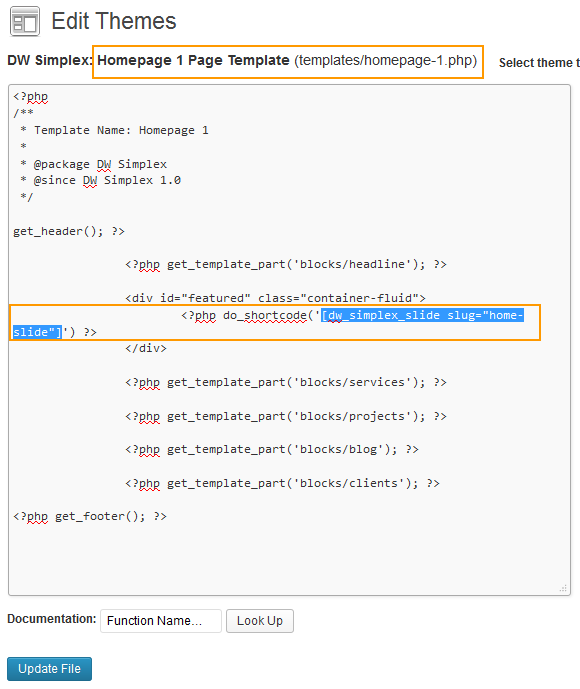 wordpress_news_theme_dw_simplex_insert_short_code insert short code into homepage