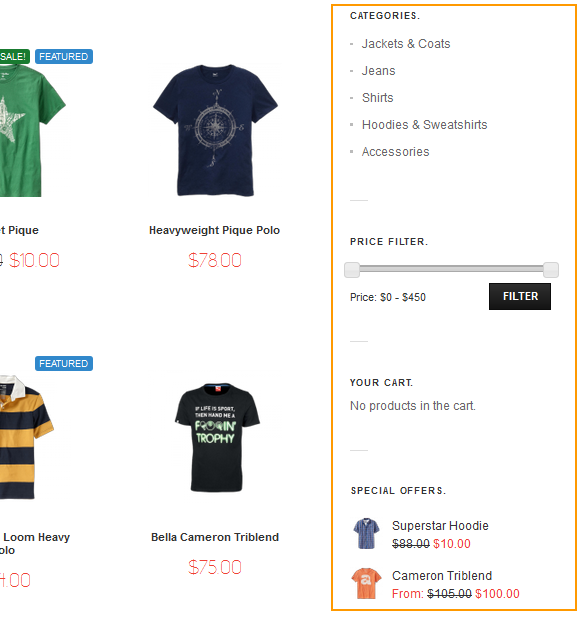 Jigoshop sidebar at the frontend