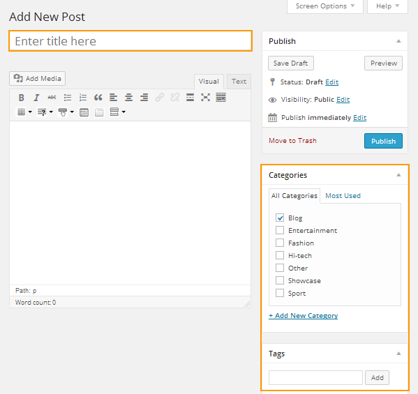 Enter title, content and select categories, tags for the post
