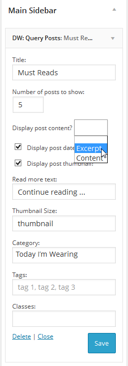 Settings of DW Query Posts Widgets