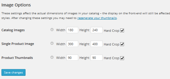 Settings of shop images size