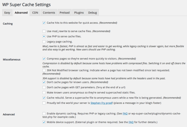 WP Super Cache Plugin Setting