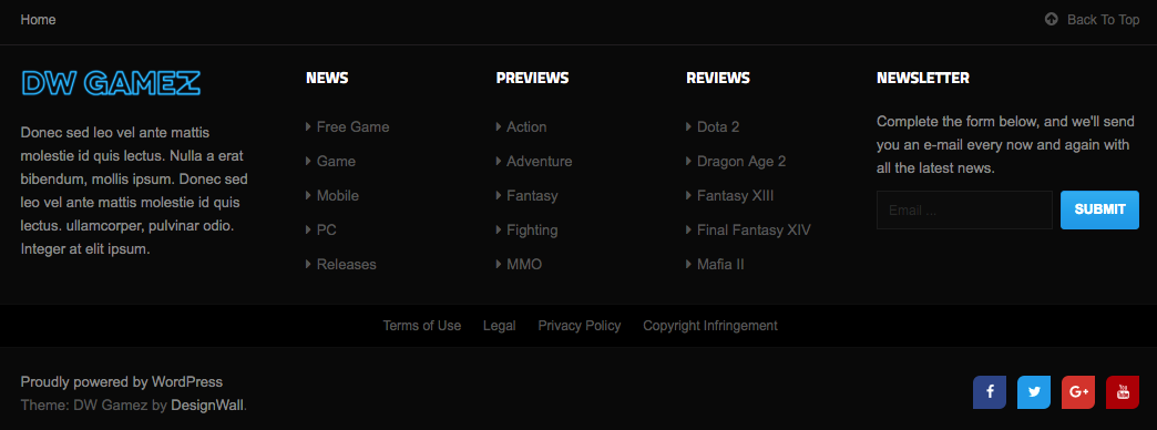 wordpress_news_theme_dw_gamez_footer_sidebar_frontend Front-end of Footer Sidebar