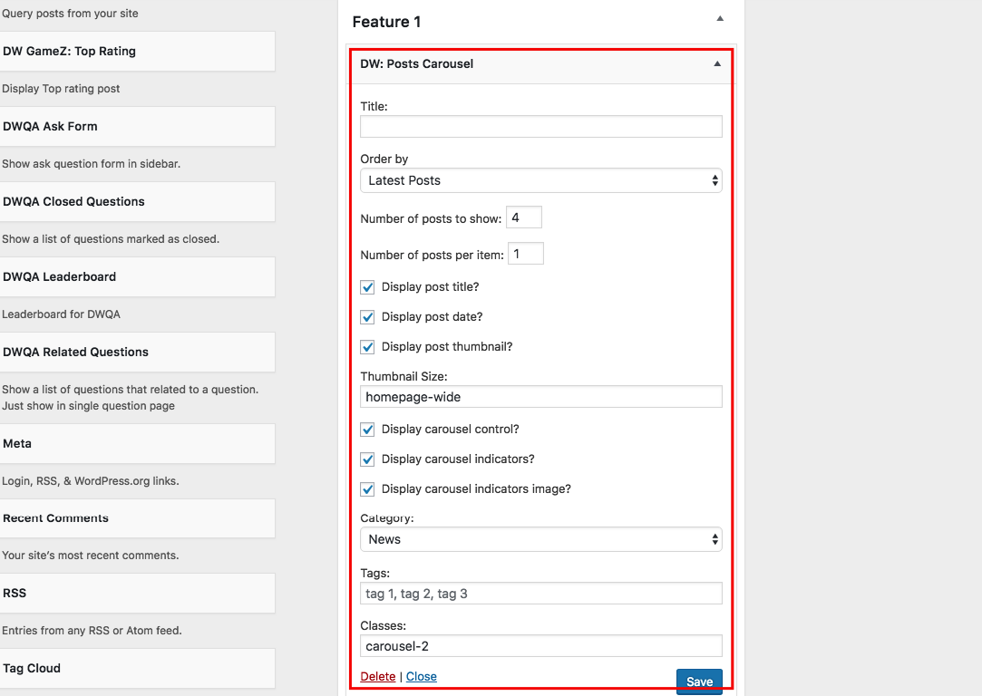wordpress_news_theme_dw_gamez_set_feature1_sidebar Feature 1 Sidebar Settings
