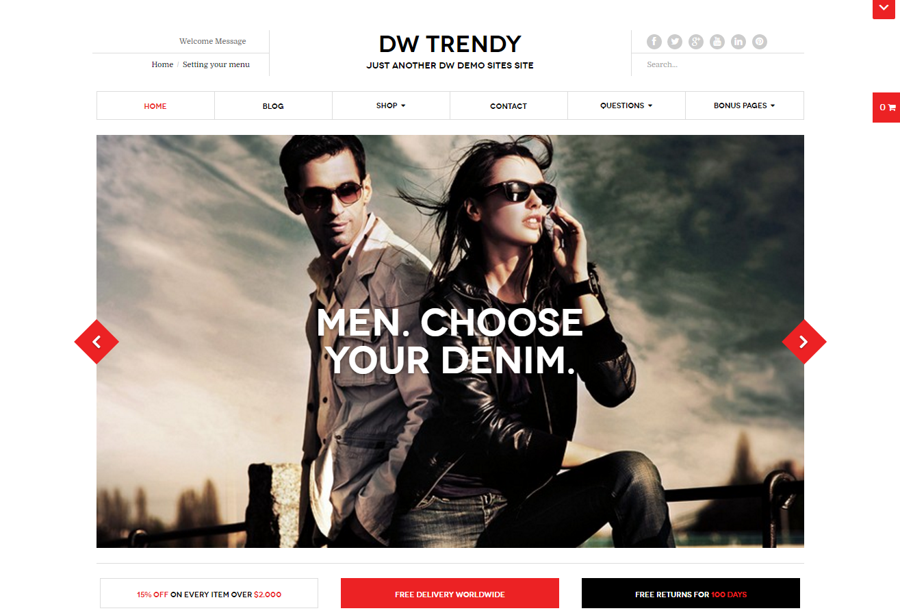 DW Trendy Business WordPress Theme by DesignWall has an image slider in the header of the website that changes the color of previous/next arrow buttons on mouse hover to switch the slide.