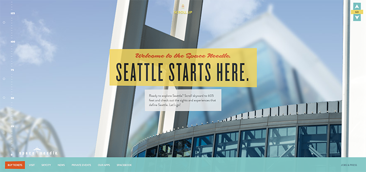 SpaceNeedle - Scrolling up the page, animation takes you to the top of the most prominent landmark of Seattle. Small pieces of information in the pop ups gradually appear while scrolling.