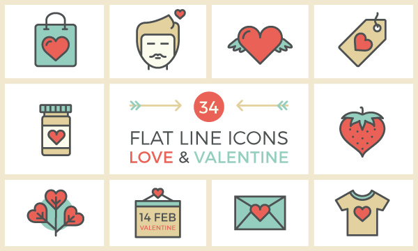 34-flat-line-love-valentine-icon-set